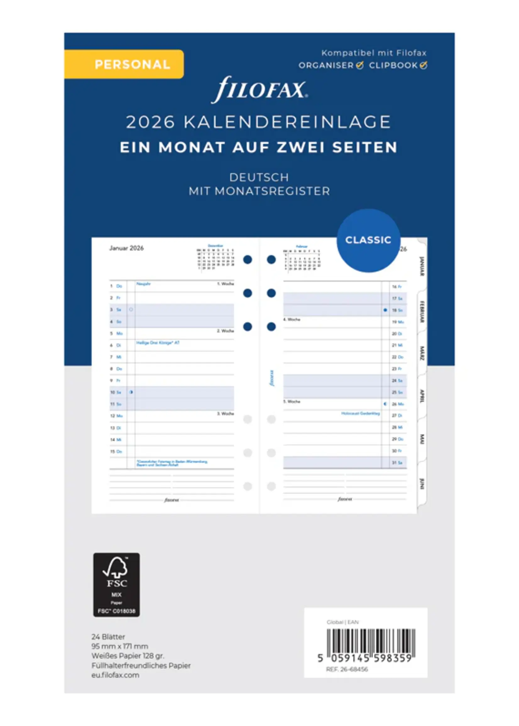 Filofax 1 Monat / 2 Seiten deutsch Personal 2026
