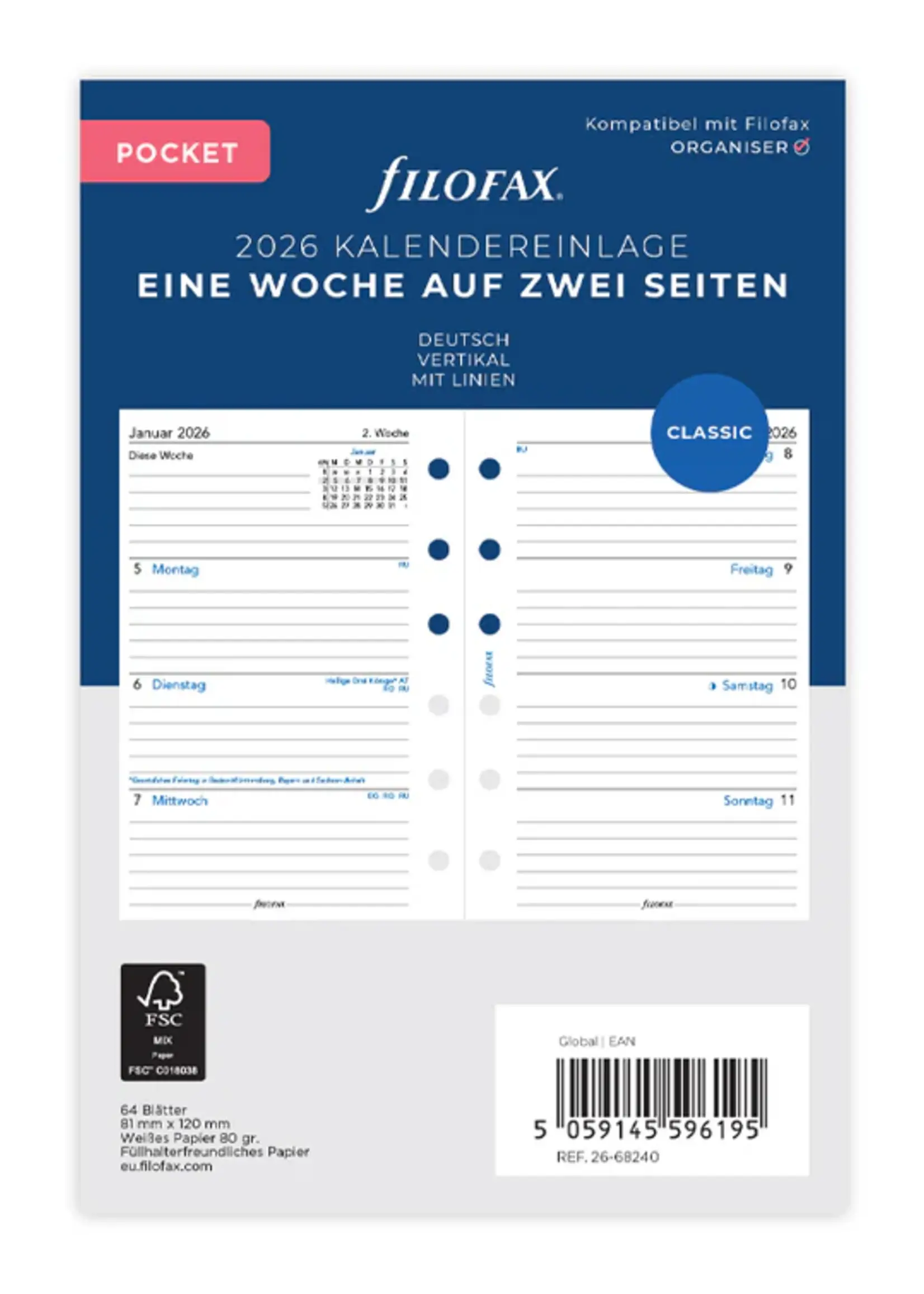 Filofax 1 Woche / 2 Seiten deutsch Pocket 2026