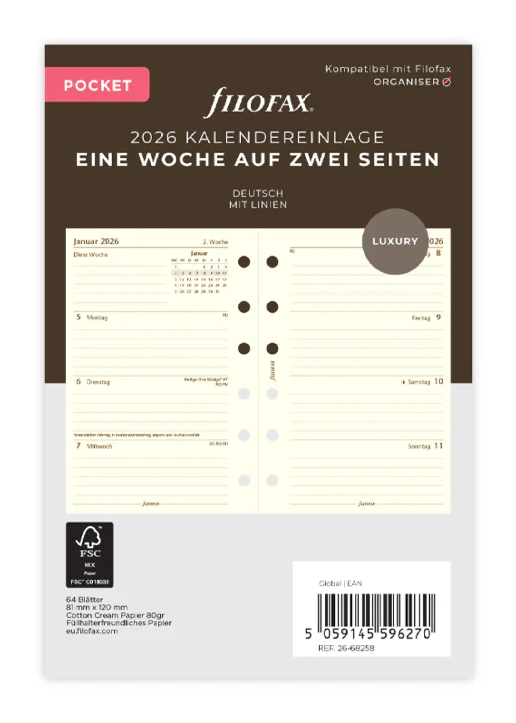 Filofax 1 Woche / 2 Seiten deutsch Pocket 2026
