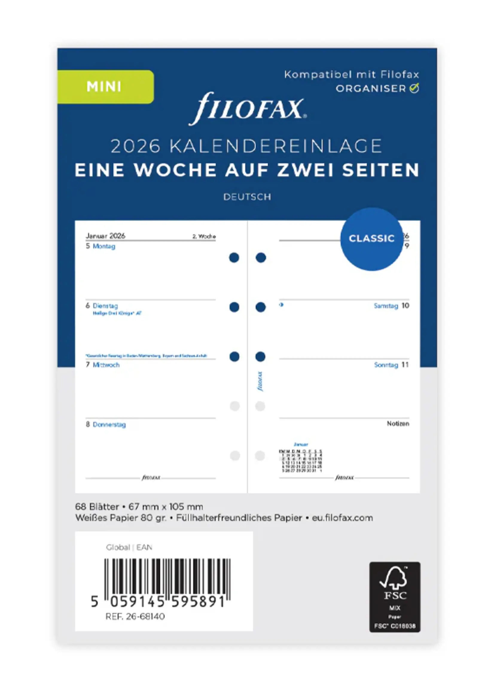 Filofax Kalendereinlage Mini 2026, 1 Woche / 2 Seiten, deutsch