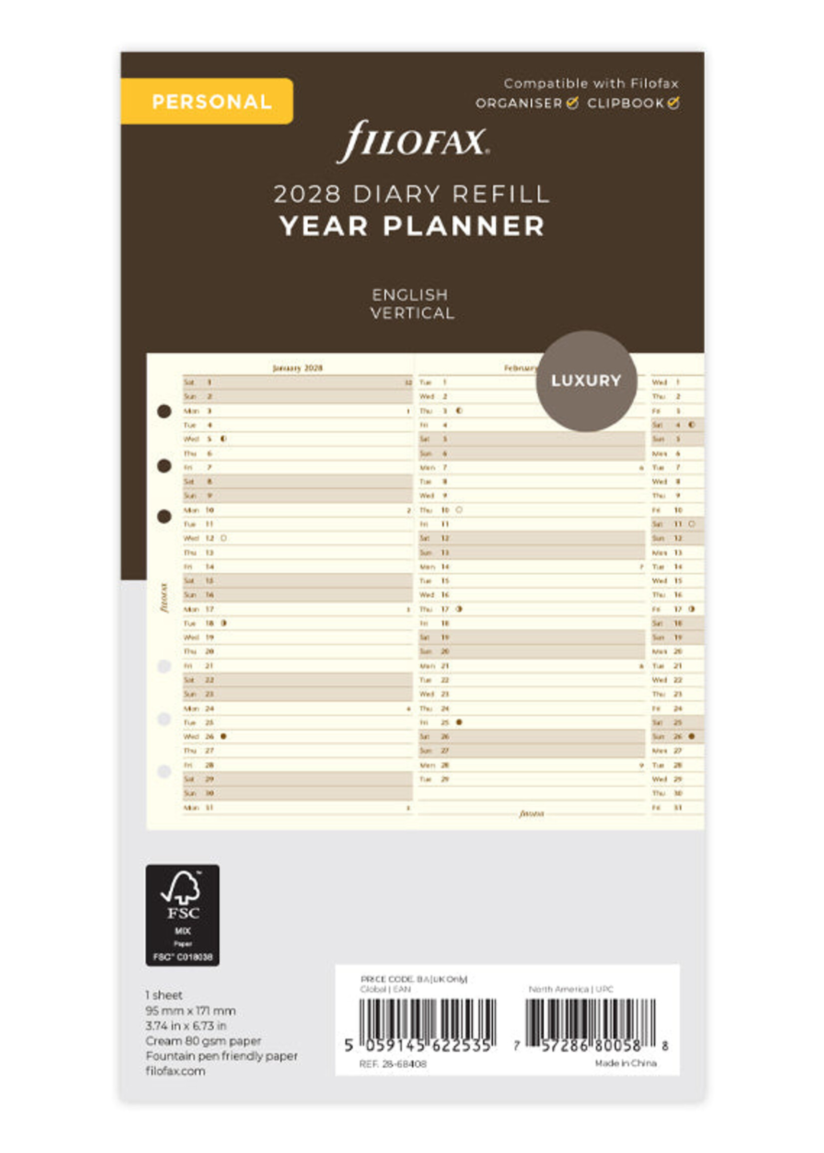 Filofax Jahresplaner Personal 2028, englisch, Cotton Cream