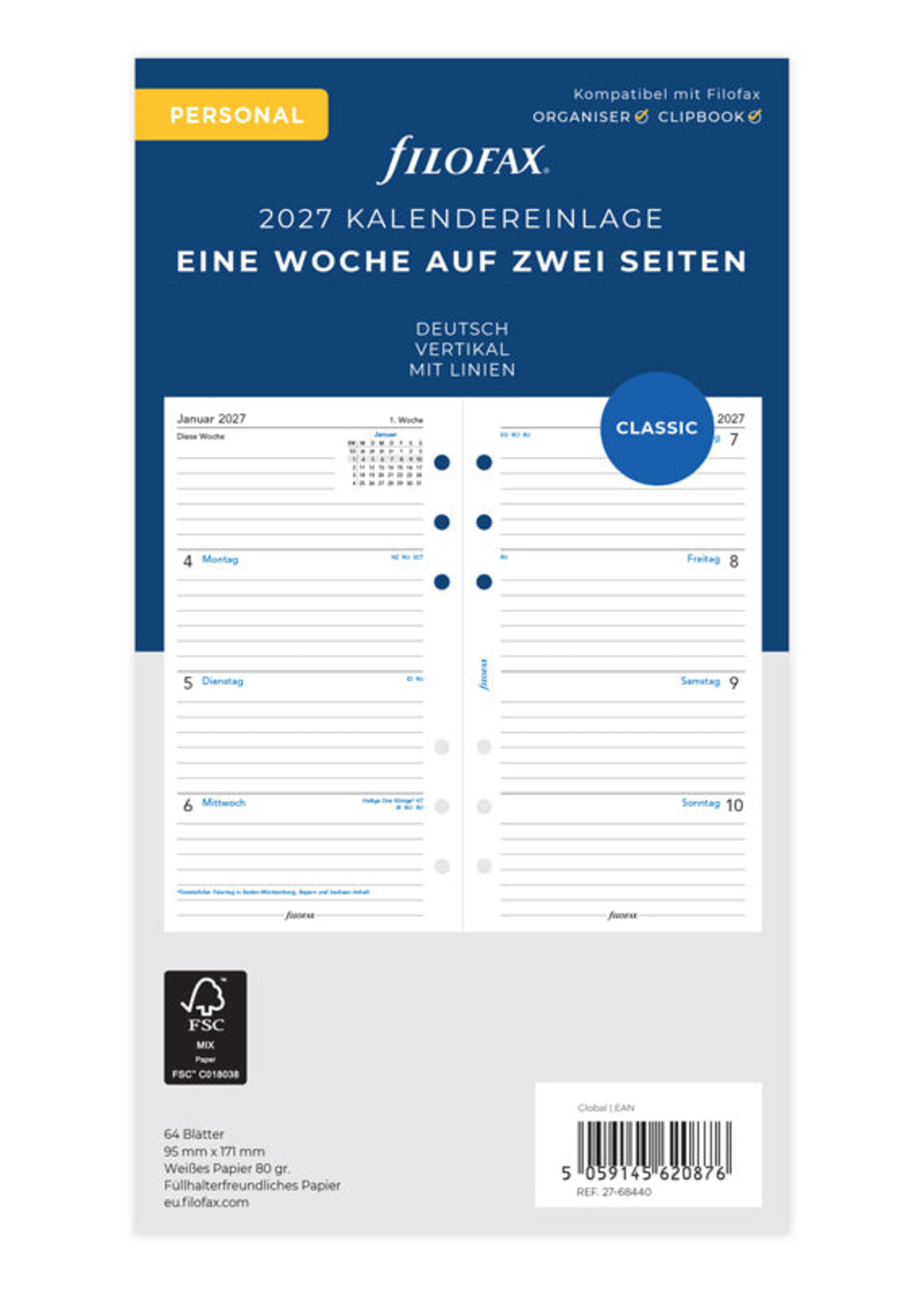 Filofax Kalendereinlage Personal 2027, 1 Woche / 2 Seiten vertikal, deutsch