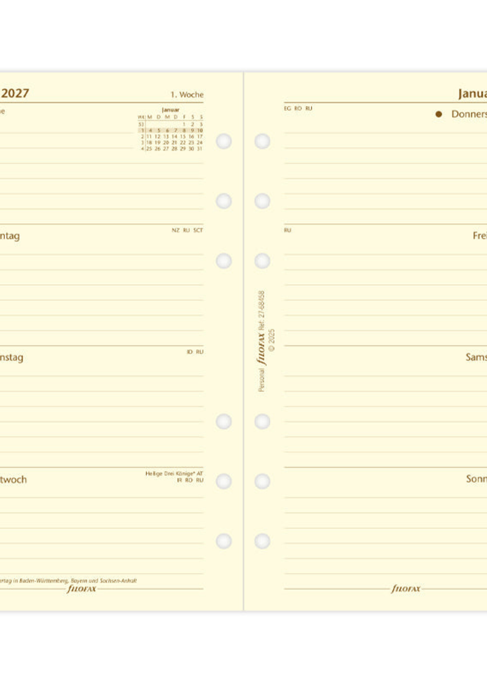 Filofax Kalendereinlage Personal 2027, 1 Woche / 2 Seiten, deutsch, Cotton Cream