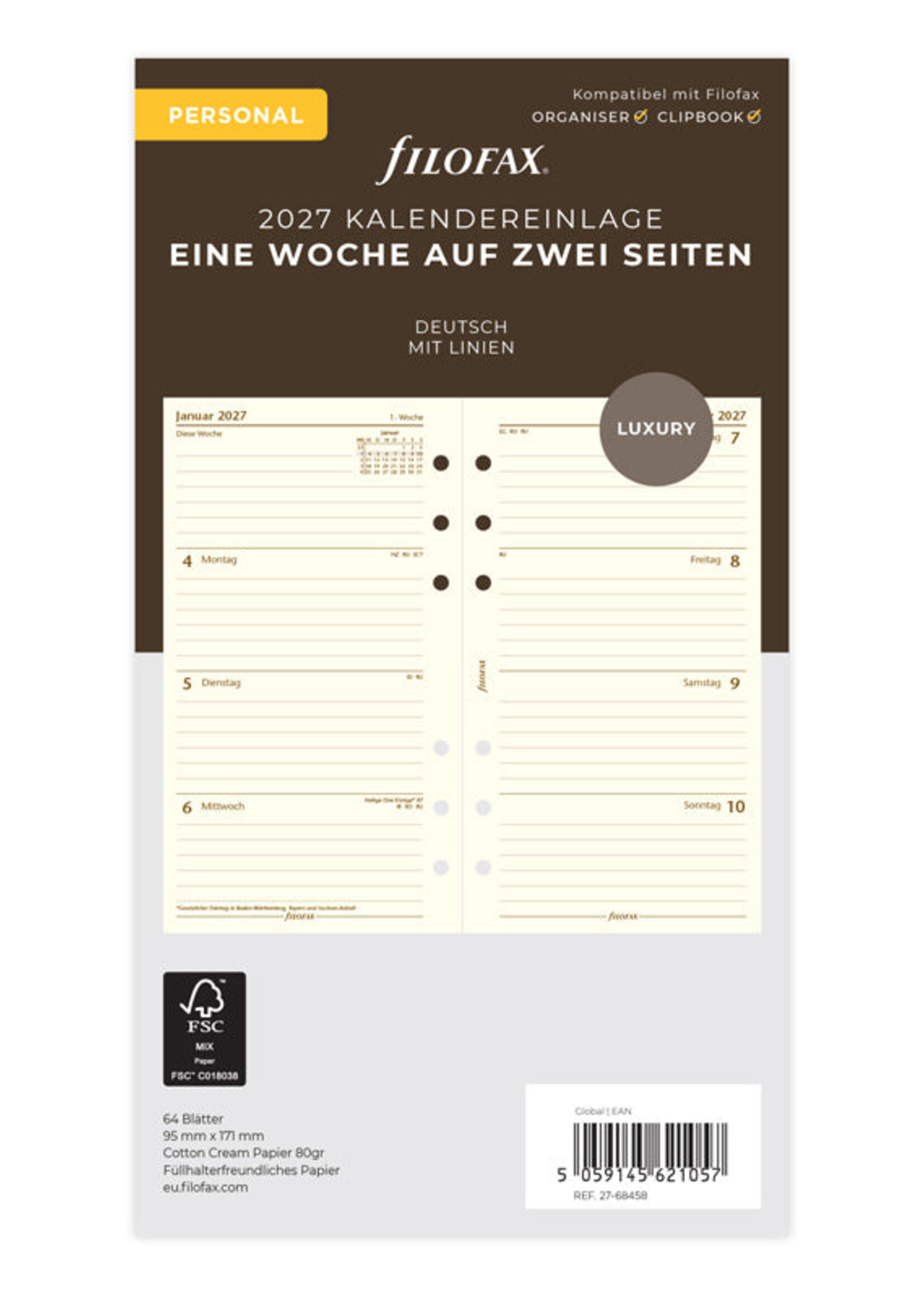 Filofax Kalendereinlage Personal 2027, 1 Woche / 2 Seiten, deutsch, Cotton Cream