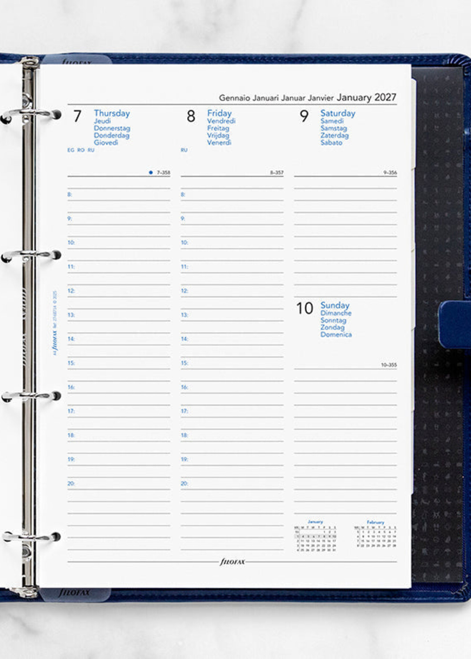 Filofax Kalendereinlage A4 2027, 1 Woche / 2 Seiten mit Terminen, mehrsprachig