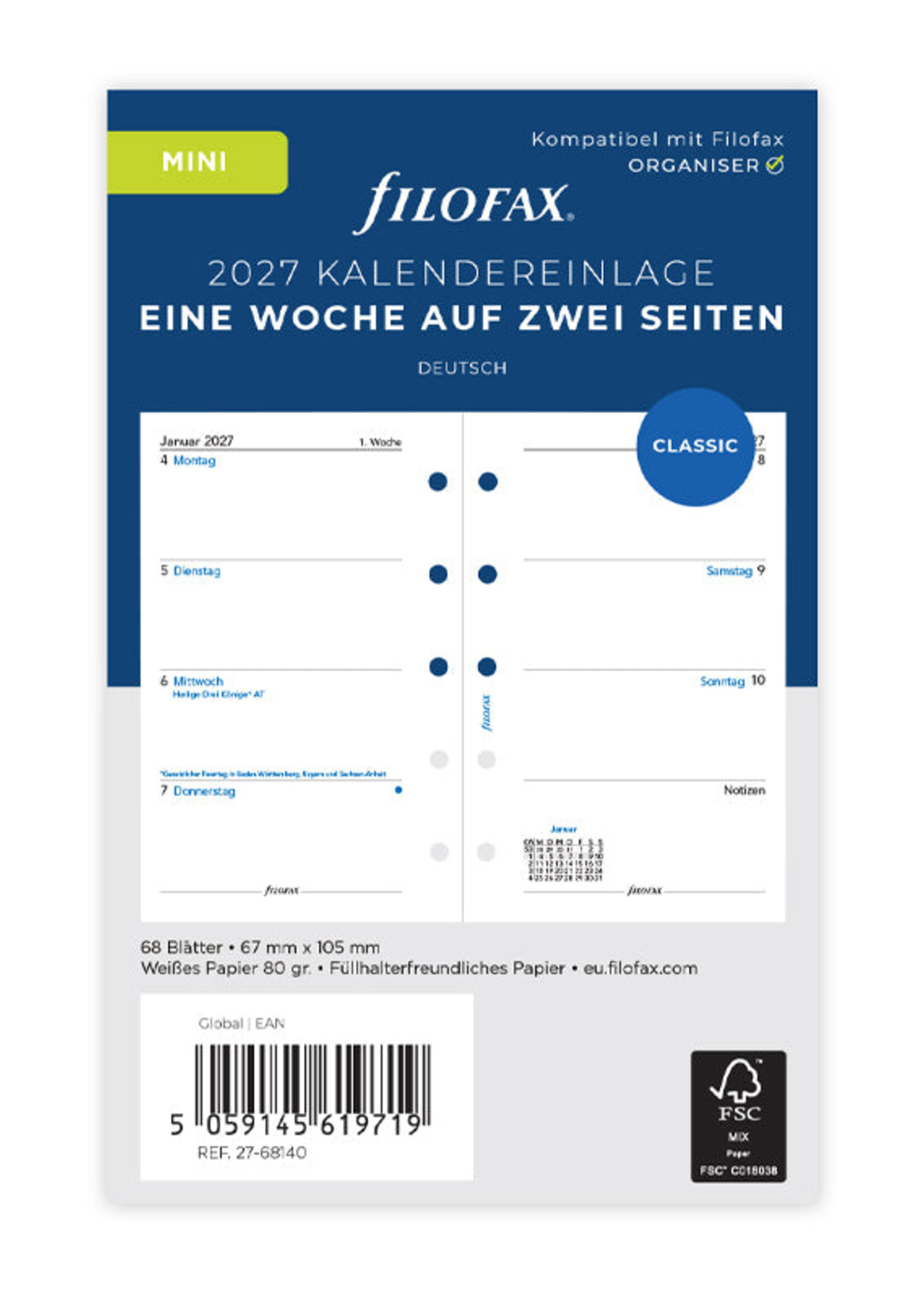 Filofax Kalendereinlage Mini 2027, 1 Woche / 2 Seiten, deutsch