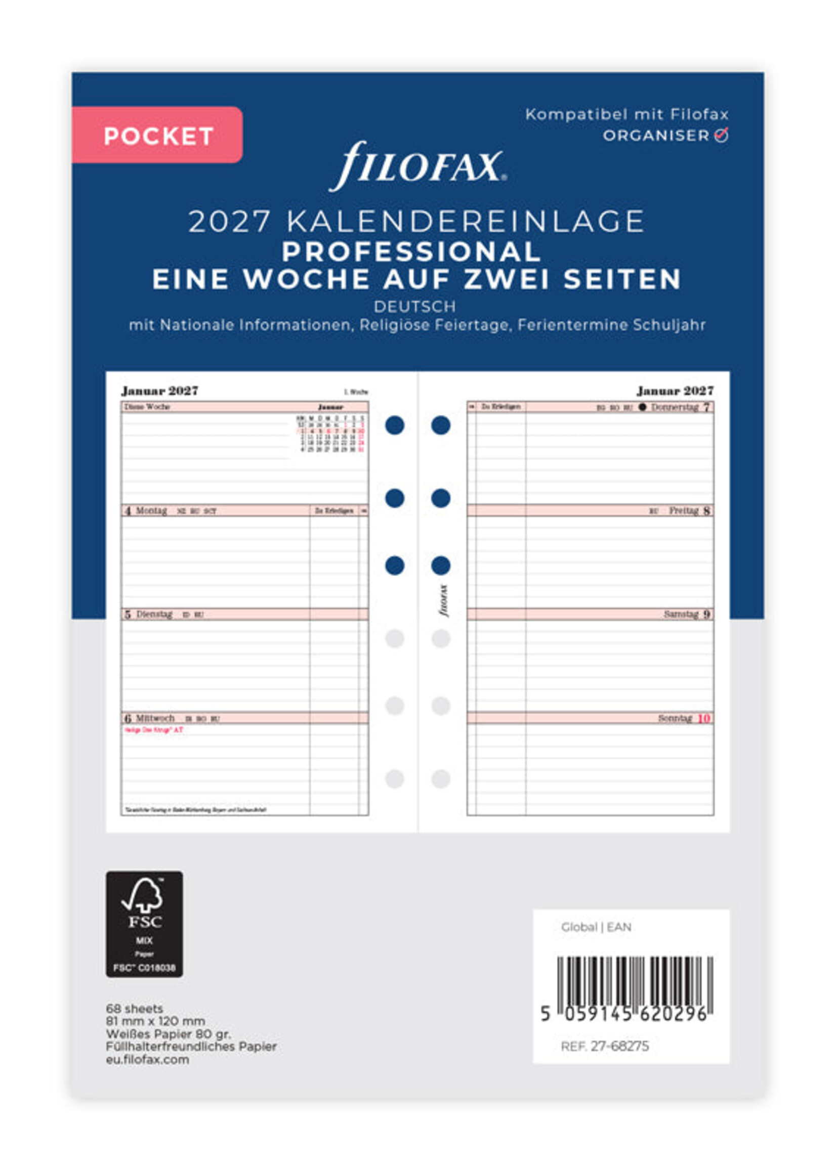Filofax Kalendereinlage Pocket 2027, 1 Woche / 2 Seiten, deutsch, Professional