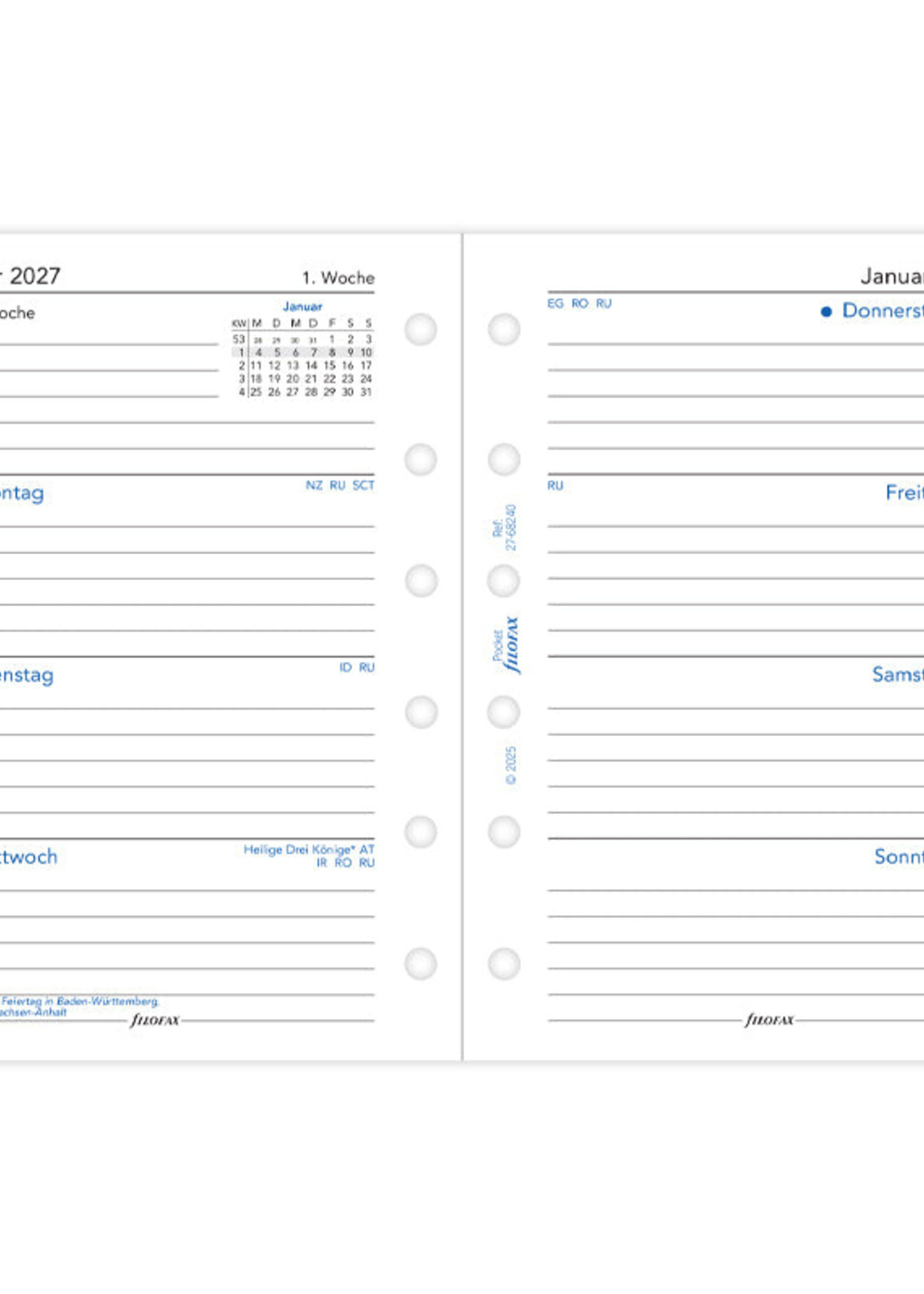 Filofax Kalendereinlage Pocket 2027, 1 Woche / 2 Seiten vertikal, deutsch
