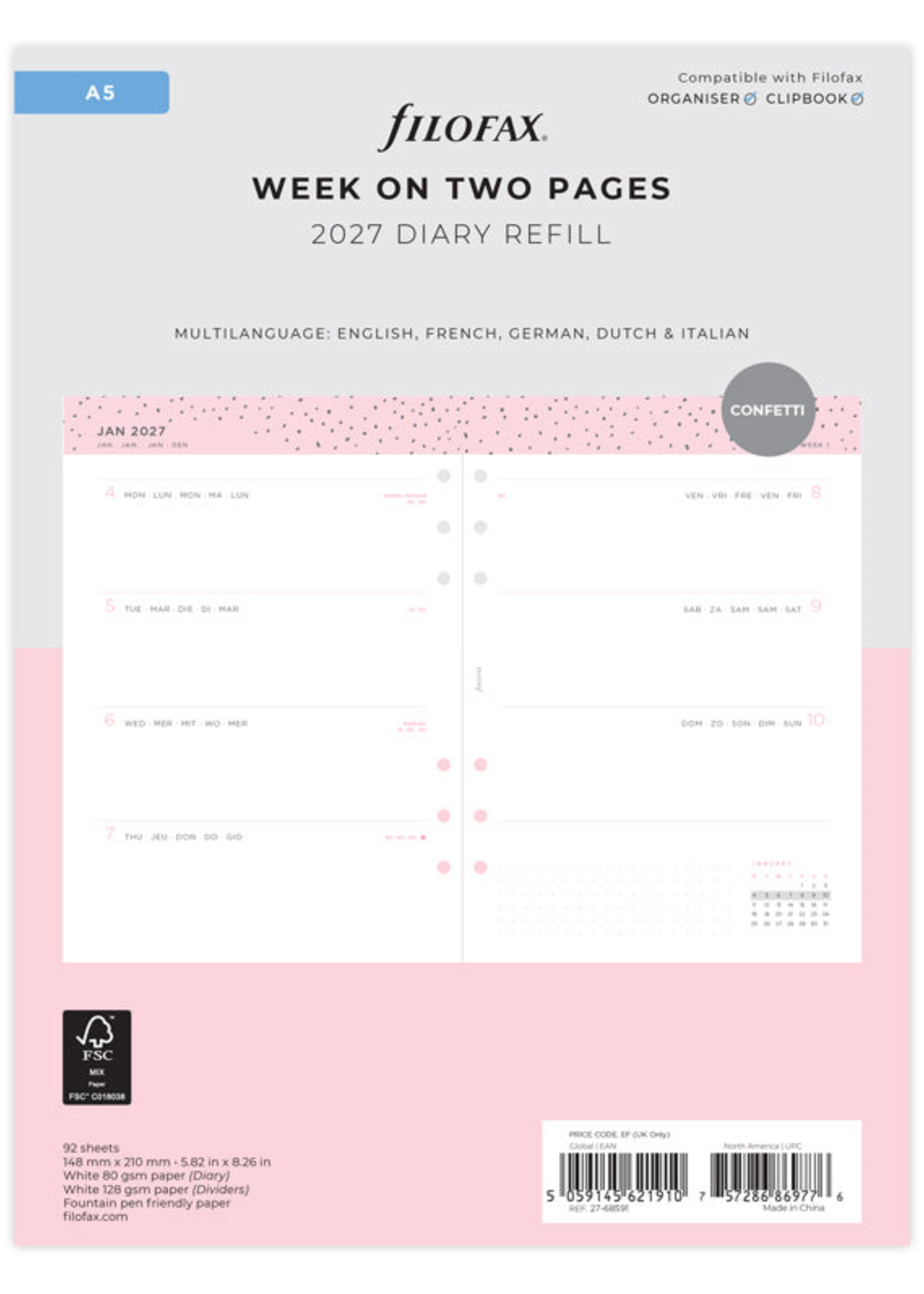 Filofax Kalendereinlage A5 2027 Confetti, 1 Woche / 2 Seiten, mehrsprachig