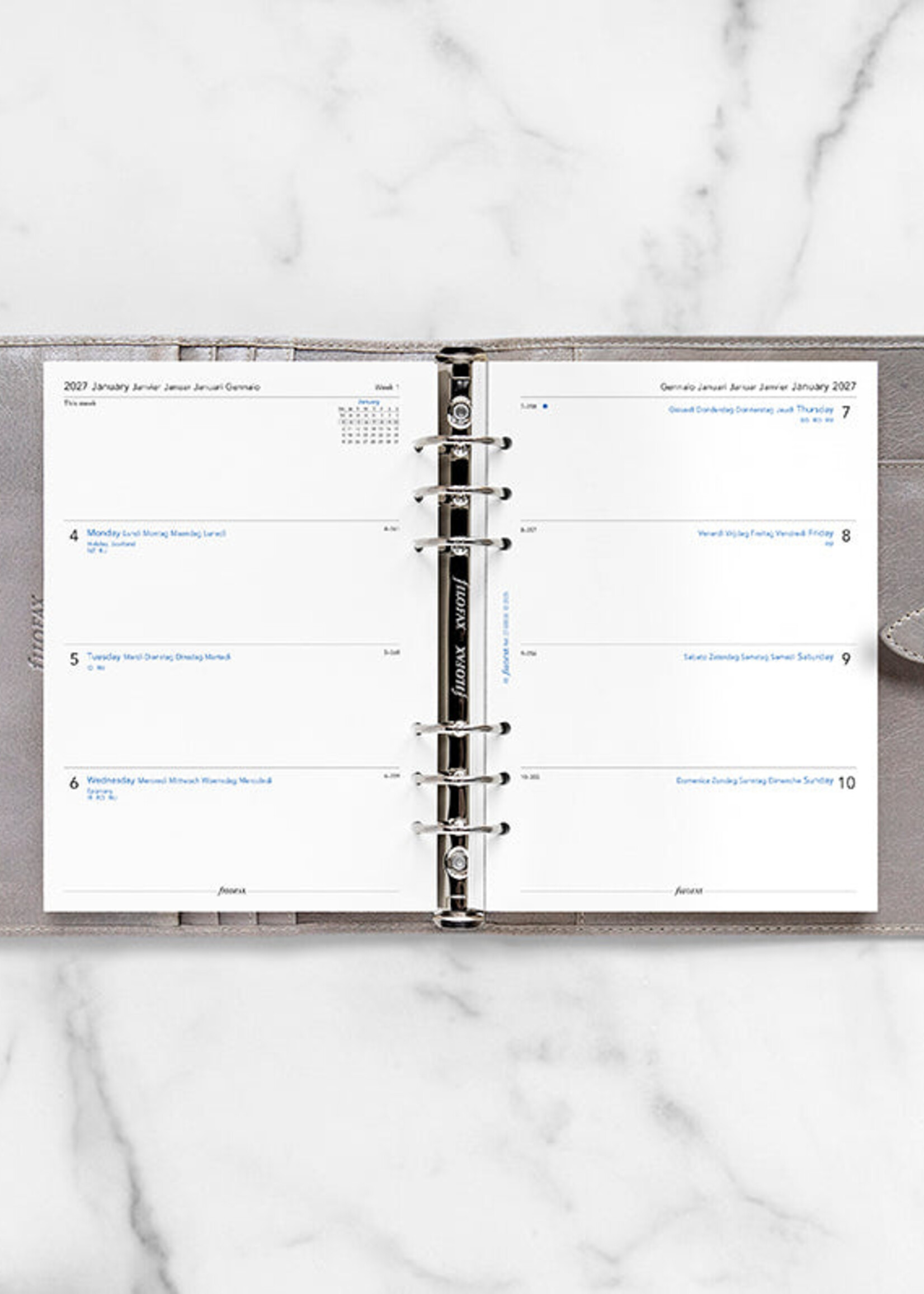 Filofax Kalendereinlage A5 2027, 1 Woche / 2 Seiten, 4×4 Spalten, mehrsprachig
