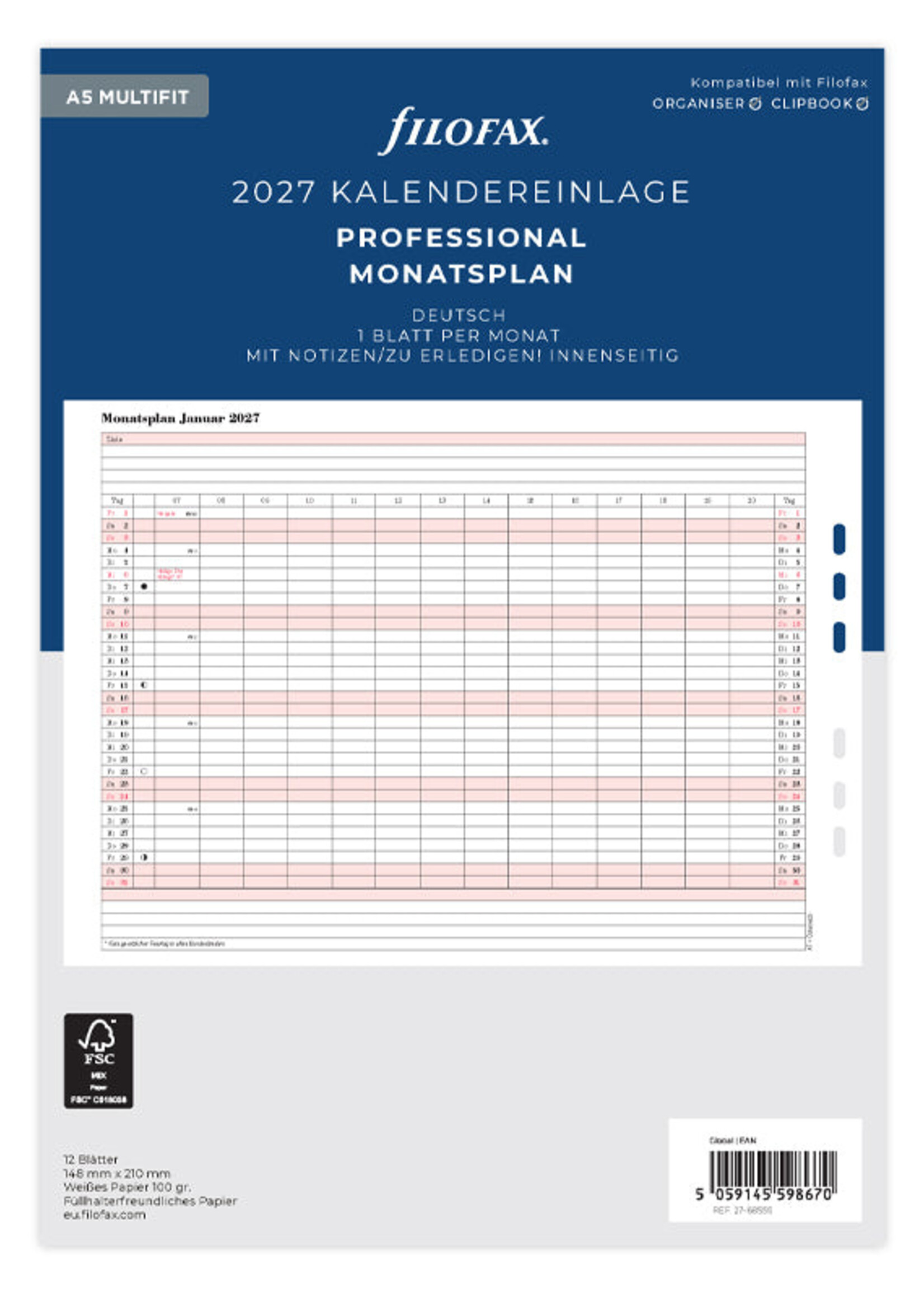 Filofax Monatsplaner A5 2027, deutsch, Professional