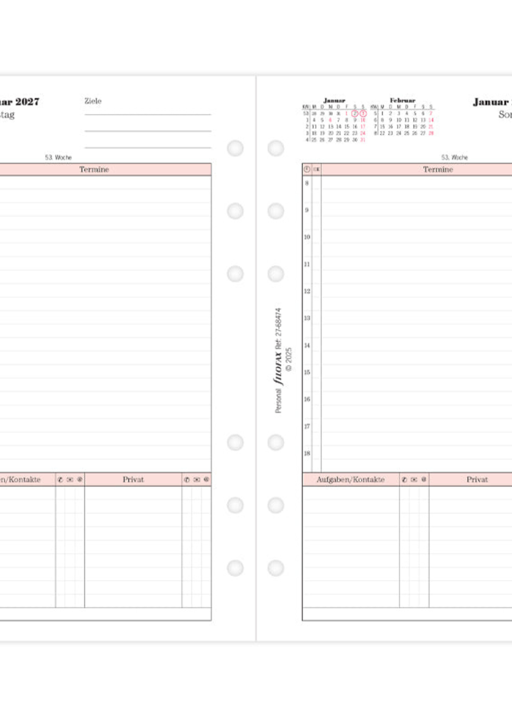 Filofax Kalendereinlage Personal 2027, 1 Tag / 1 Seite, deutsch, Professional