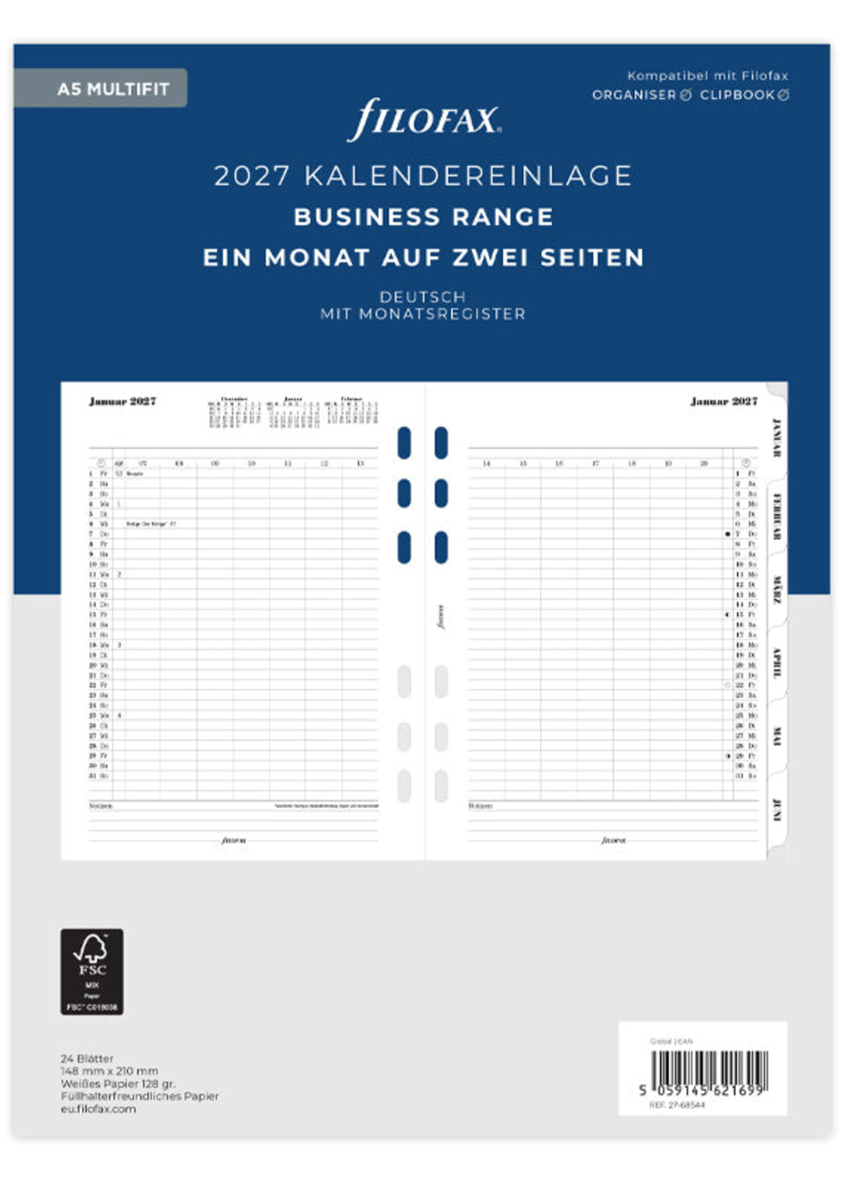 Filofax Kalendereinlage A5 2027, 1 Monat / 2 Seiten, deutsch, Multifit, mit Registern
