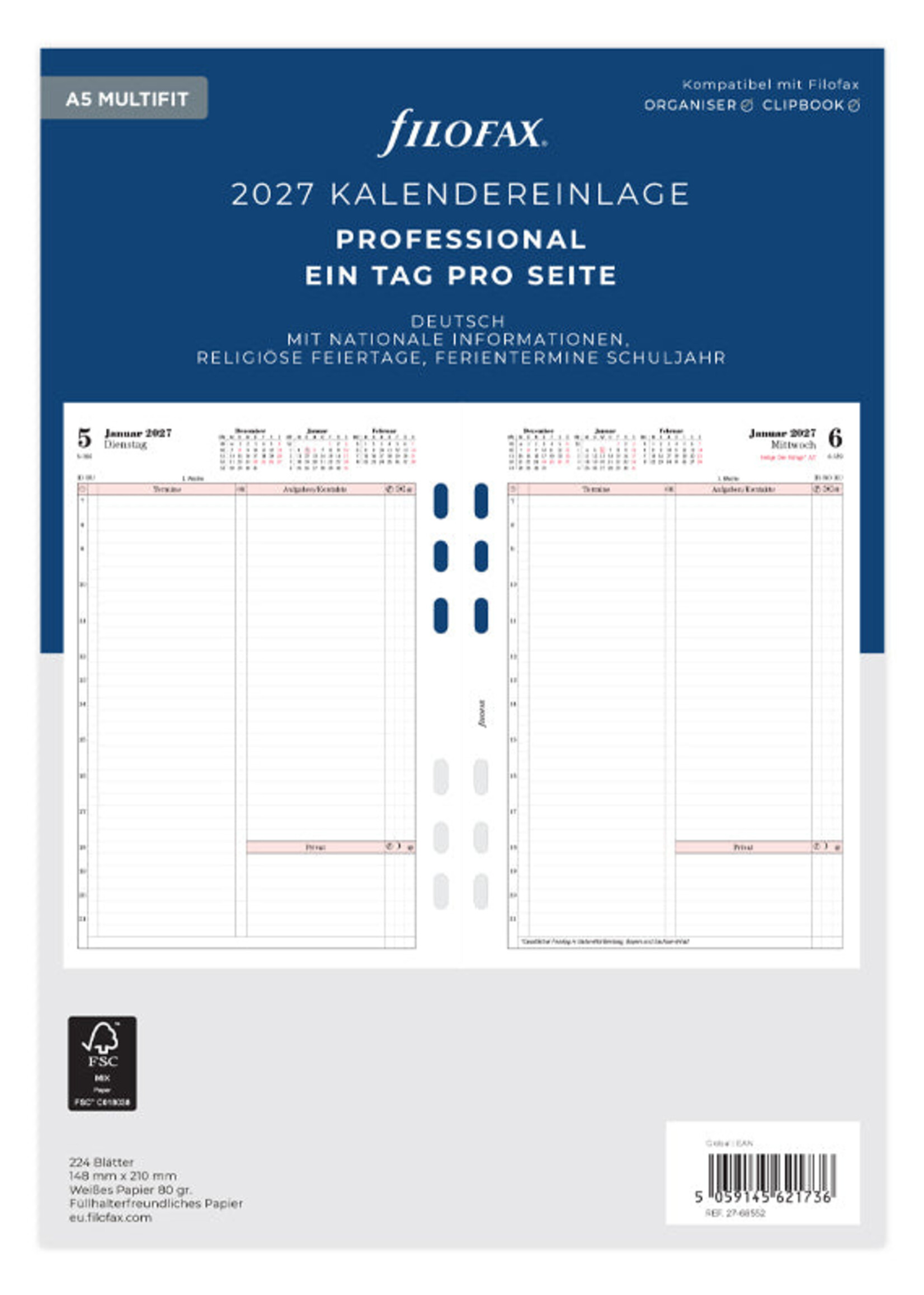 Filofax Kalendereinlage A5 2027, 1 Tag / 1 Seite, deutsch, Professional