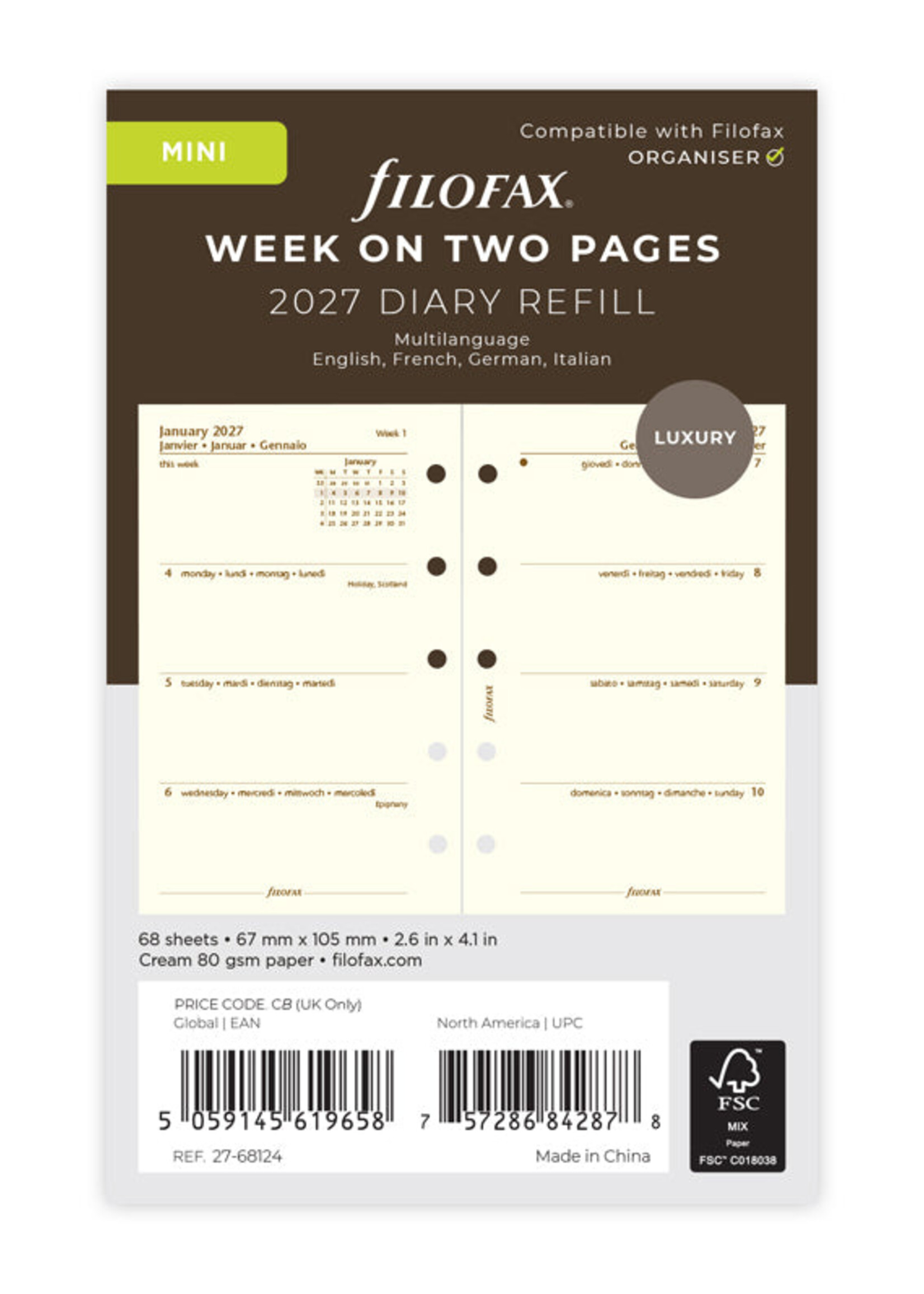 Filofax Kalendereinlage Mini 2027, 1 Woche / 2 Seiten, mehrsprachig, Cotton Cream