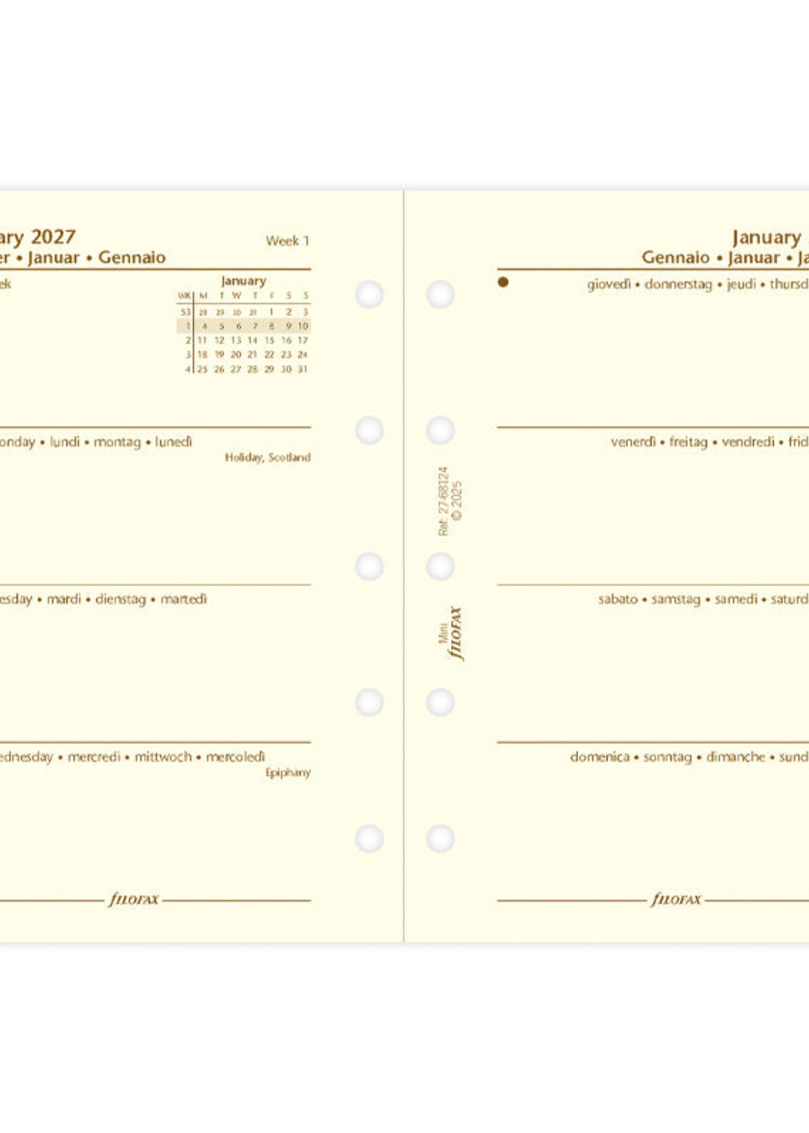 Filofax Kalendereinlage Mini 2027, 1 Woche / 2 Seiten, mehrsprachig, Cotton Cream