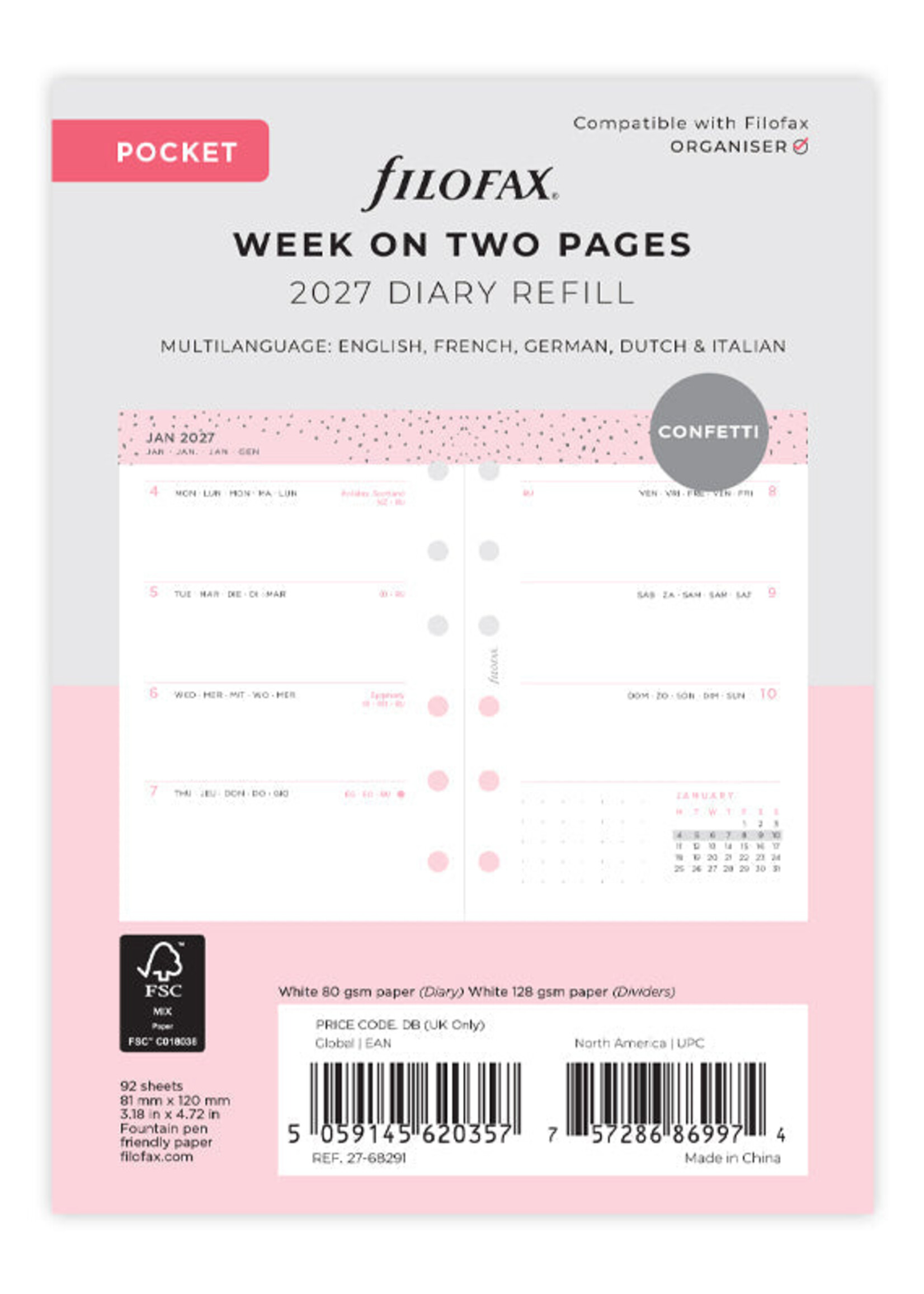 Filofax Kalendereinlage Pocket 2027 Confetti, 1 Woche / 2 Seiten, mehrsprachig