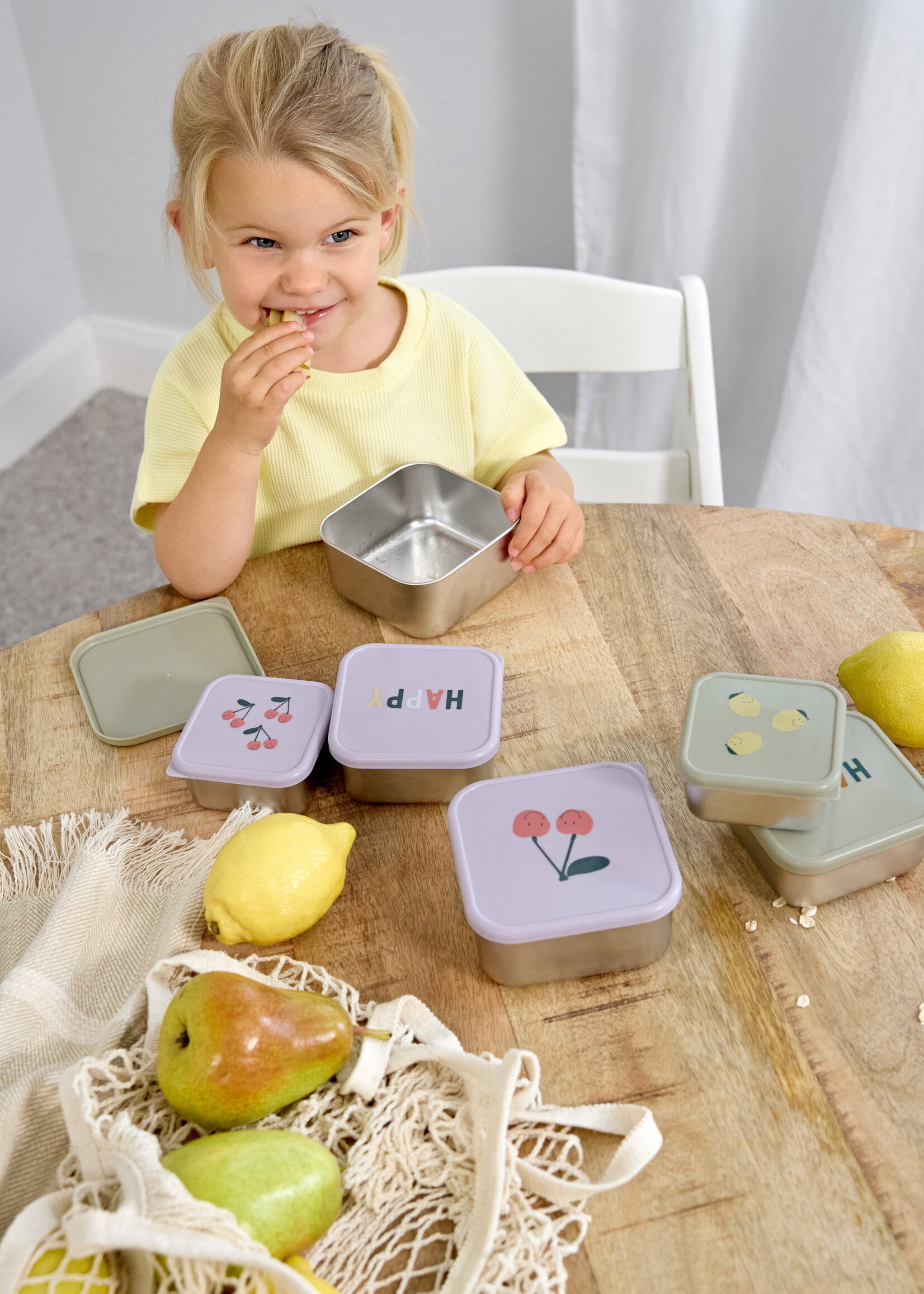 Lässig Fashion Snackbox Kinder (3er Set) - Edelstahl Brotdose, Happy Fruits, Zitrone