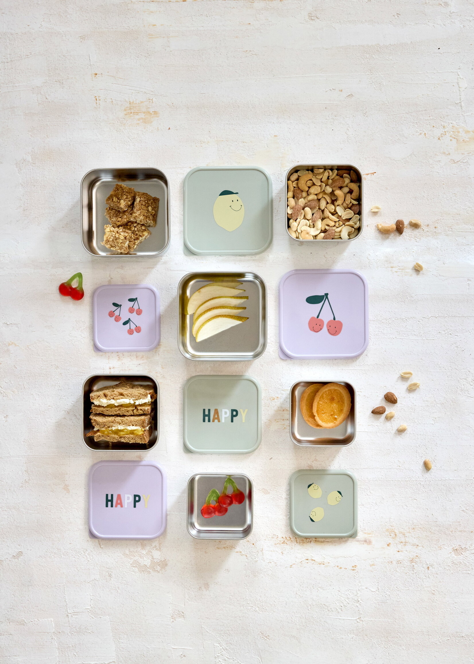 Lässig Fashion Snackbox Kinder (3er Set) - Edelstahl Brotdose, Happy Fruits, Zitrone