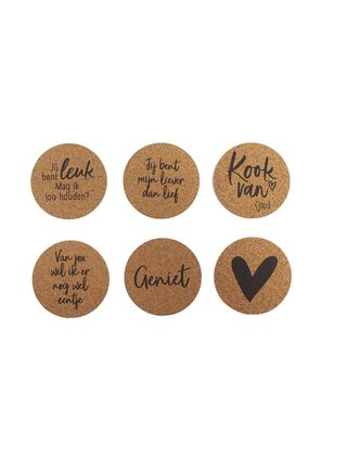 Set van 6 onderzetters van kurk met tekst