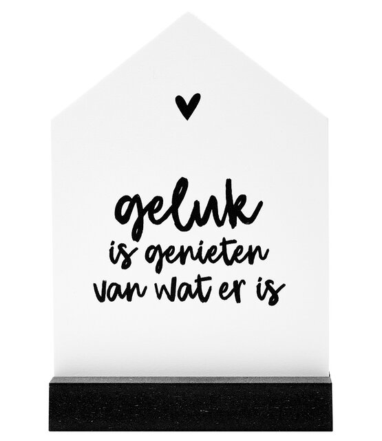 Huisje met tekst 'Geluk is genieten van wat er is' in cadeauverpakking