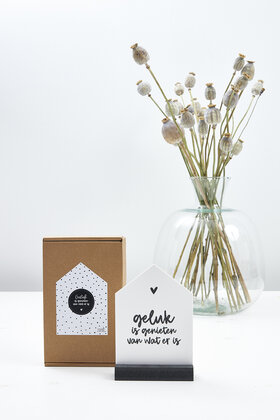Geluk is genieten van wat er is, cadeautje: huisje met tekst