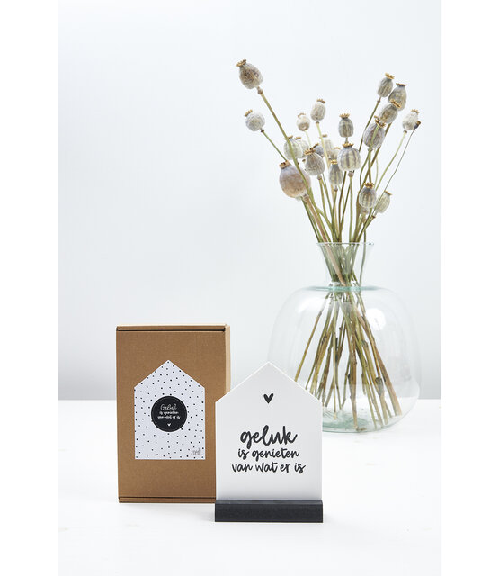 Huisje met tekst 'Geluk is genieten van wat er is' in cadeauverpakking