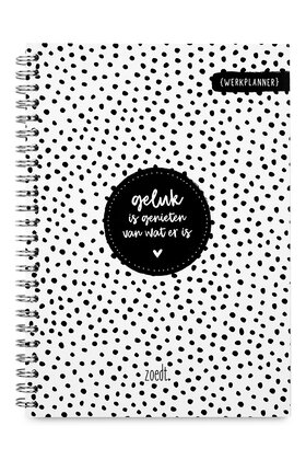 Werkplanner met tekst  'Geluk is genieten van wat er is'