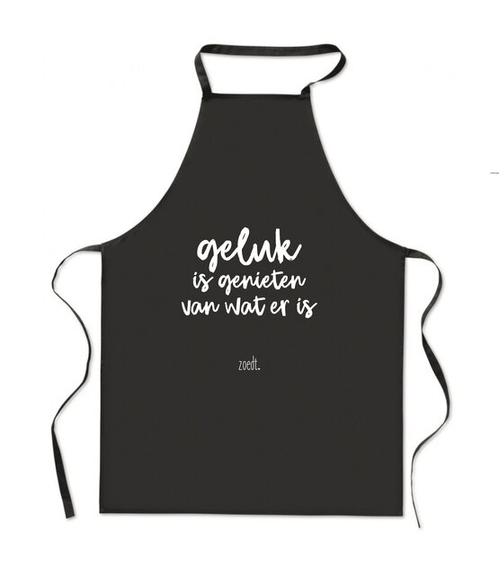 Keukenschort met tekst 'Geluk is genieten van wat er is'