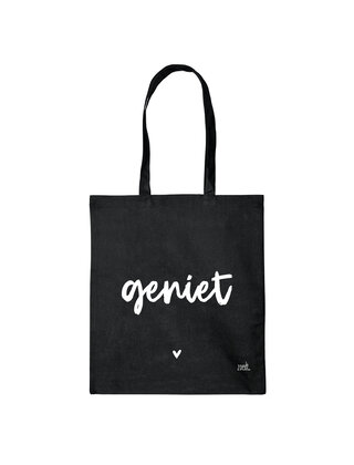 Zwarte katoenen tas met tekst 'Geniet'