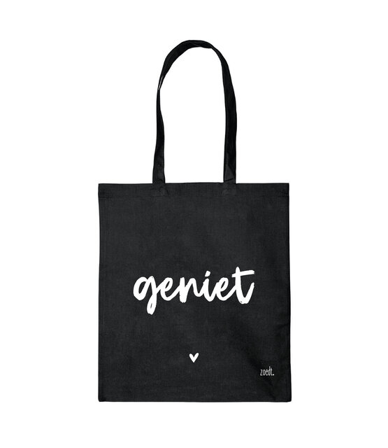 Zwarte katoenen tas met tekst 'Geniet'