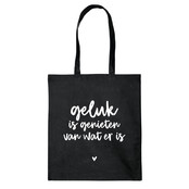 Zwarte katoenen tas met tekst 'Geluk is genieten van wat er is'