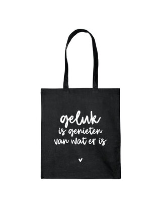 Zwarte katoenen tas met tekst 'Geluk is genieten van wat er is'