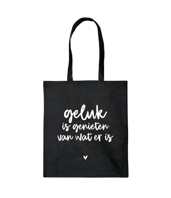 Zwarte katoenen tas met tekst 'Geluk is genieten van wat er is'