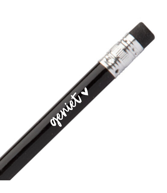 Zwart potlood met tekst 'Geniet' in wit met gummetje Zwart potlood met tekst 'Geniet' in wit met gummetje