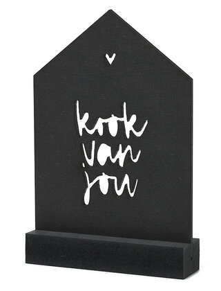 Zwarte houten kaart huisje met standaard - Kook van jou