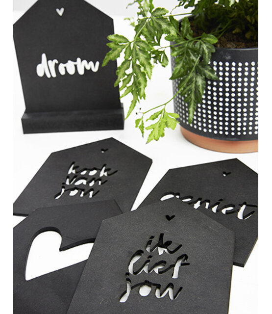 Zwarte houten kaart huisje met standaard - Ik lief jou