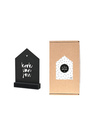Cadeaupakket Een kleinigheidje voor jou: zwart houten huisje met tekst Kook van jou