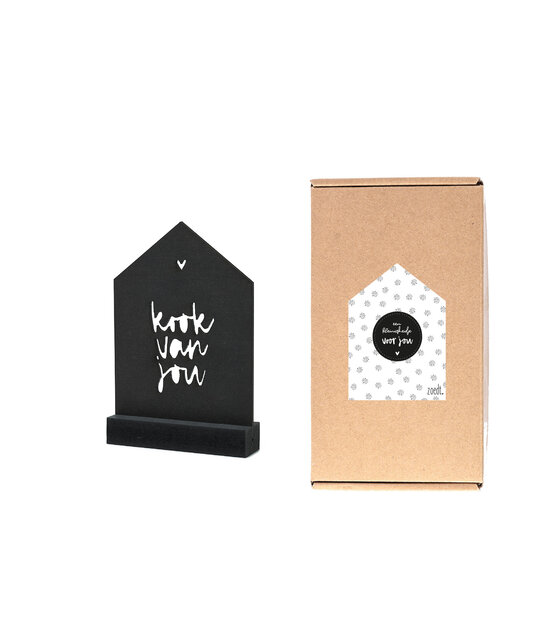 Cadeaupakket Een kleinigheidje voor jou: Houten huisje met tekst Kook van jou in cadeauverpakking