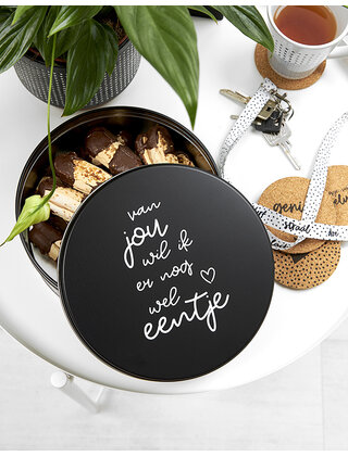 Koektrommel zwart wit met tekst 'Van jou wil ik er nog wel eentje'