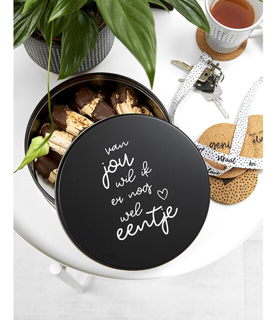 Koektrommel zwart wit met tekst 'Van jou wil ik er nog wel eentje'
