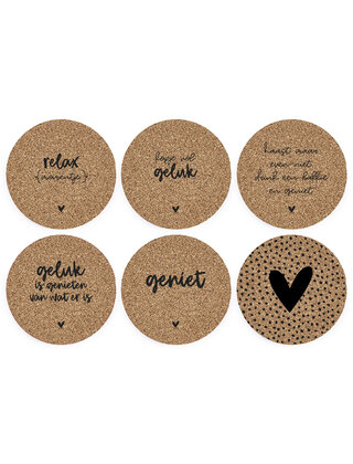 Set van 6 onderzetters van kurk met tekst