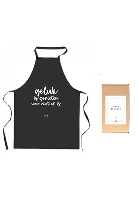 Cadeaupakket Schort met tekst 'Geluk is genieten van wat er is'