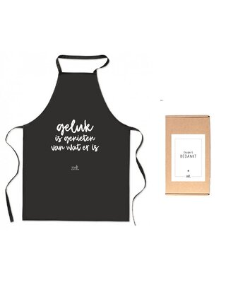 Cadeaupakket Schort met tekst 'Geluk is genieten van wat er is'