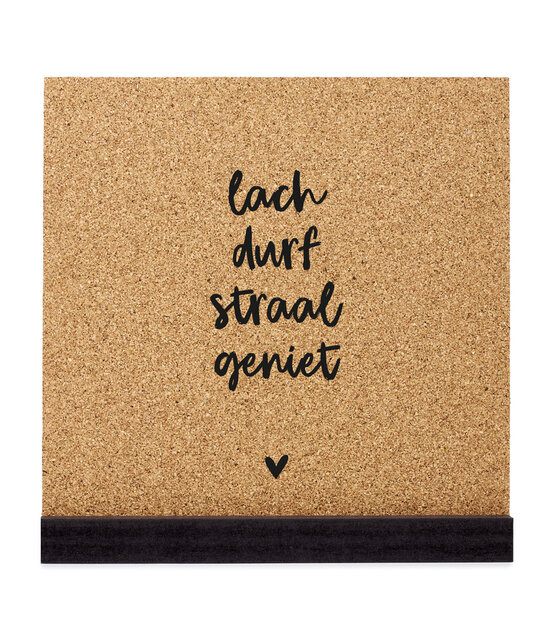 Poster kurk vierkant met  tekst Lach, durf, straal, geniet 20 cm