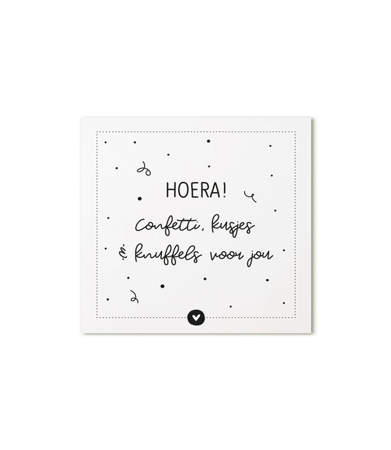 Minikaartje met tekst Hoera! confetti, kusjes en knuffels voor  jou
