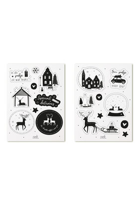 Setje kerstcadeaustickers zwart wit