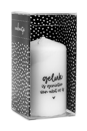 Cadeau: mini kaars Geluk is genieten van wat er is in cadeauverpakking