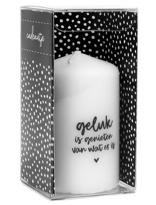 Cadeau: mini kaars Geluk is genieten van wat er is in cadeauverpakking