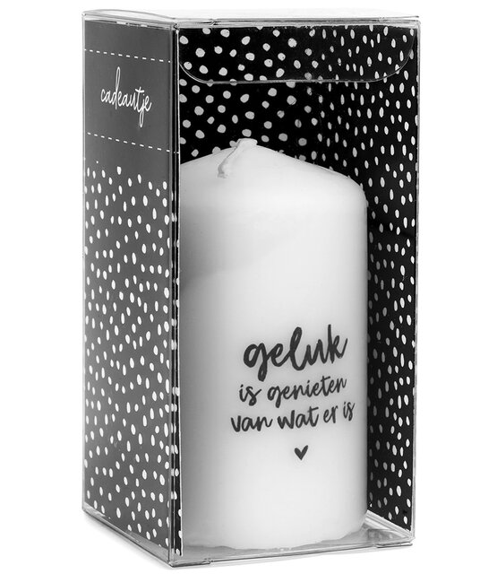 Cadeau: mini kaars Geluk is genieten van wat er is in cadeauverpakking